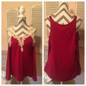 Burgundy cold-shoulder Top with White Lace Detail